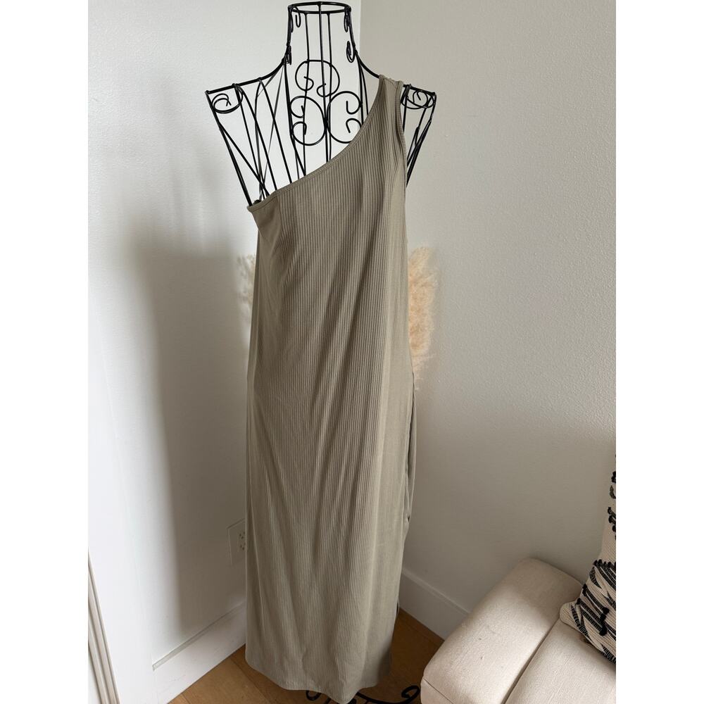 Banana Republic One Shoulder Olive Green Asymmetric Ribbed Midi Dress NWT Size L